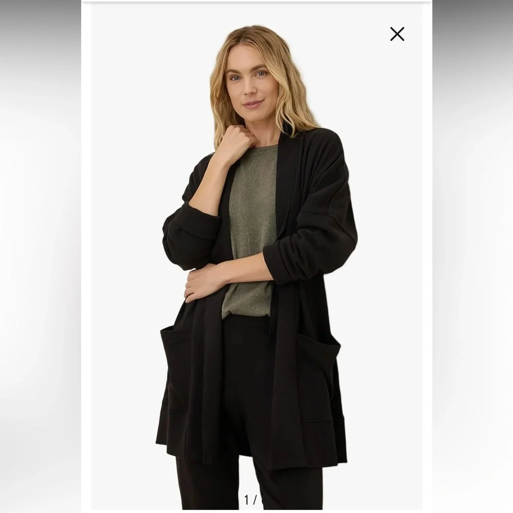 PACT Organic Cotton Airplane Wrap Cardigan Black Open Front Pockets‎ Capsule